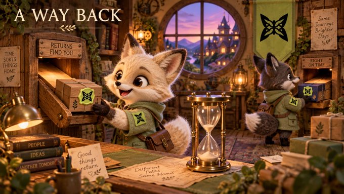 An animated fantasy illustration titled 'A WAY BACK' featuring two anthropomorphic foxes wearing satchels with butterfly emblems, working in a workshop with signs reading 'TIME SORTS THINGS HOME', 'RETURNS FIND YOU', 'RIGHT ON TIME', and 'Some Journeys Brighter Days', alongside a golden hourglass and books labeled 'PEOPLE', 'IDEAS', 'ANOTHER TOMORROW'.