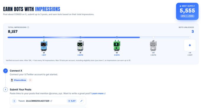 A screenshot of the Conso platform dashboard showing 8,157 total impressions with 3 bots unlocked, alongside the user's @kamalburgr X account connected to submit posts about @conso_xyz, illustrating how the user crossed the 8K impression milestone to unlock 3 additional bots.