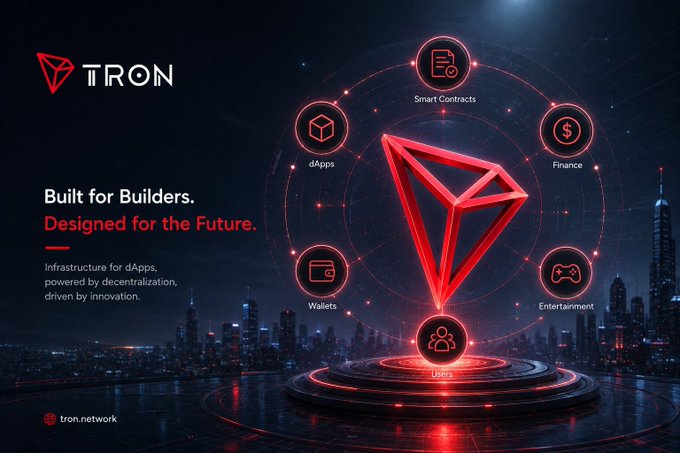 A promotional banner for the TRON blockchain network features the tagline "Built for Builders. Designed for the Future." alongside its red diamond logo, illustrating its infrastructure for dApps, smart contracts, finance, wallets, entertainment, and users against a futuristic cityscape backdrop. The image visually reinforces the post's emphasis on providing a reliable environment for decentralized applications, ensuring developers can deploy smart contracts on a functioning blockchain while users manage digital assets.