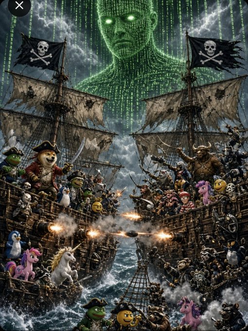 A chaotic fantasy battle scene depicting two pirate ships engaged in combat, featuring various characters including pirates, My Little Pony figures, and M&M's characters, with a large digital skull made of green code looming in the stormy sky above.