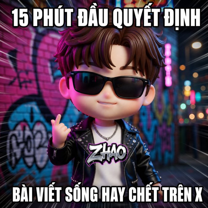 A 3D-rendered cartoon character wearing sunglasses and a leather jacket stands in front of a graffiti-covered wall, with Vietnamese text reading '15 PHÚT ĐẦU QUYẾT ĐỊNH' and 'BÀI VIẾT SỐNG HAY CHẾT TRÊN X', along with the name 'ZHAO' on his shirt.