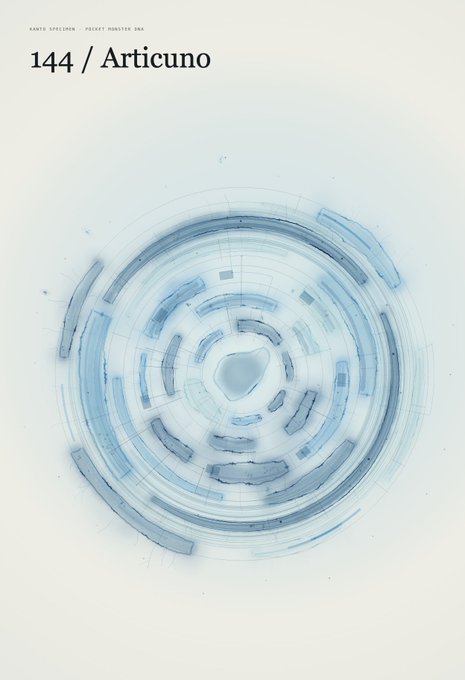 A minimalist digital artwork titled '144 / Articuno' featuring concentric blue circles and geometric patterns on a white background, credited to Kanta Specimen and Pocky Monster Ink.