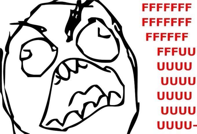 A crude rage comic face with bulging eyes and a grimacing mouth is paired with the text "FFFFFFFF" and "FFFFFUUUUUUUUU-" — the classic internet expletive expressing frustration. The image humorously conveys the post's exasperation toward crypto investors who fail to take profits during market highs and instead "roundtrip" their gains back down.