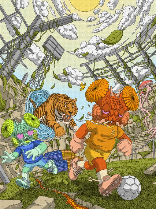 A vibrant illustration depicting a surreal soccer match in a ruined stadium overgrown with vines, featuring three bizarre characters: a green zombie-like player, a tiger-headed figure in blue, and an orange flower-headed player kicking a soccer ball.