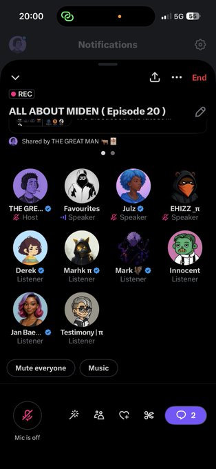 A live audio room recording titled "ALL ABOUT MIDEN (Episode 20)" shared by THE GREAT MAN, featuring hosts and speakers including THE GRE..., Favourites, JuLz_, and EHIZZ_rr, with 2 active listeners.