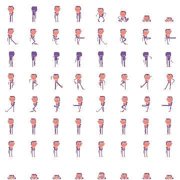 A pixel art sprite sheet on a black background showing multiple frames of a male character in various poses (standing, walking, sitting, using a laptop, and sleeping).