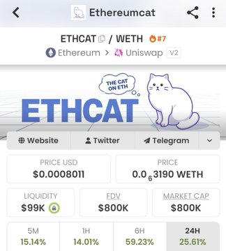 A mobile screen showing the cryptocurrency 'Ethereumcat' (ETHCAT) on Uniswap V2, priced at $0.0008011 USD / 0.00003190 WETH, with a market cap of $800K.