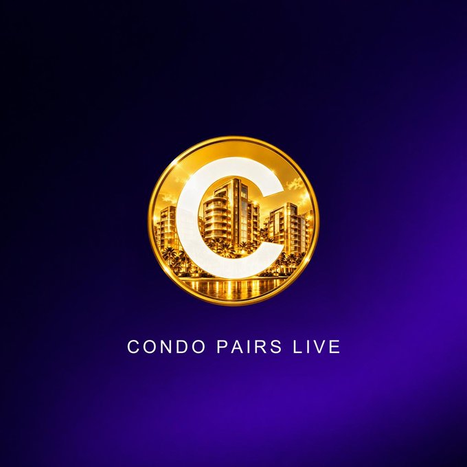 A golden coin featuring a large "C" filled with a city skyline sits against a purple gradient background, with the text "CONDO PAIRS LIVE" displayed below in white. The luxurious gold-and-purple design visually reinforces the post's announcement that condo trading pairs are now live on Sender.