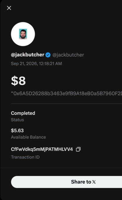 A screenshot of an X post by @jackbutcher showing an $8 transaction with a completed status and an available balance of $5.63.
