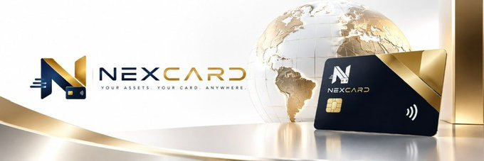 The image displays the NexCard logo with the tagline "Your Assets. Your Card. Anywhere." alongside a sleek black and gold card featuring contactless payment technology, set against a golden globe backdrop. This visually reinforces the announcement of $XCARD going live on Pons, symbolizing NexCard's mission to enable seamless, borderless crypto payments through its branded card on the Robinhood Chain.