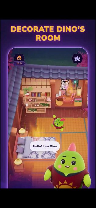 A mobile game screenshot with the text 'DECORATE DINO'S ROOM' showing a green dinosaur character named Dino in a decorated room with a speech bubble reading 'Hello! I am Dino'.