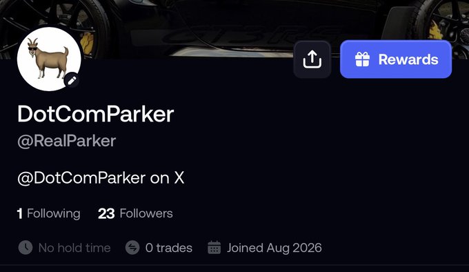 The image shows a FOMO profile page for user "DotComParker" (@RealParker), featuring a goat avatar, 23 followers, 1 following, and a "Joined Aug 2026" date. The post invites users to follow the account on FOMO in exchange for receiving $1000, directly tying to the profile displayed which currently has a small following base.