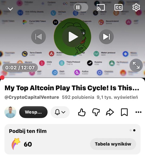 A YouTube Shorts screenshot titled 'My Top Altcoin Play This Cycle! Is This...' by @CryptoCapitalVenture, paused at 0:02 of 12:07.