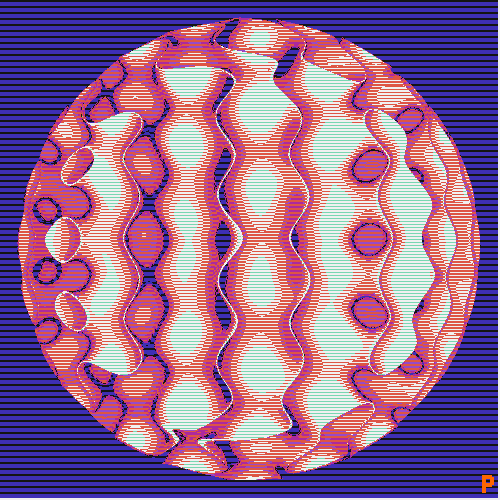 A circular psychedelic pattern featuring wavy red, beige, and light blue striped shapes set against a dark blue striped background, with a small 'P' logo in the corner.