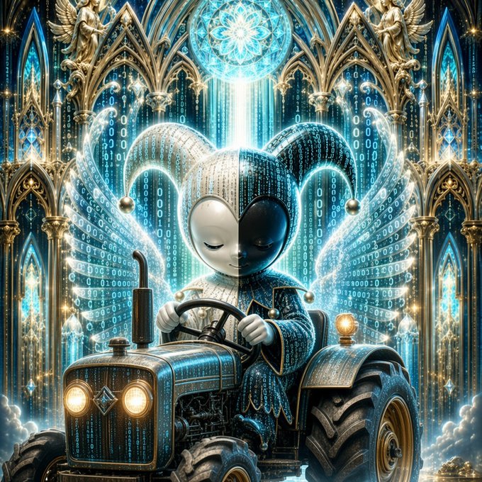Surreal artwork featuring a half-masked figure in digital pattern clothing driving a blue tractor inside a gothic cathedral with angels and binary code.