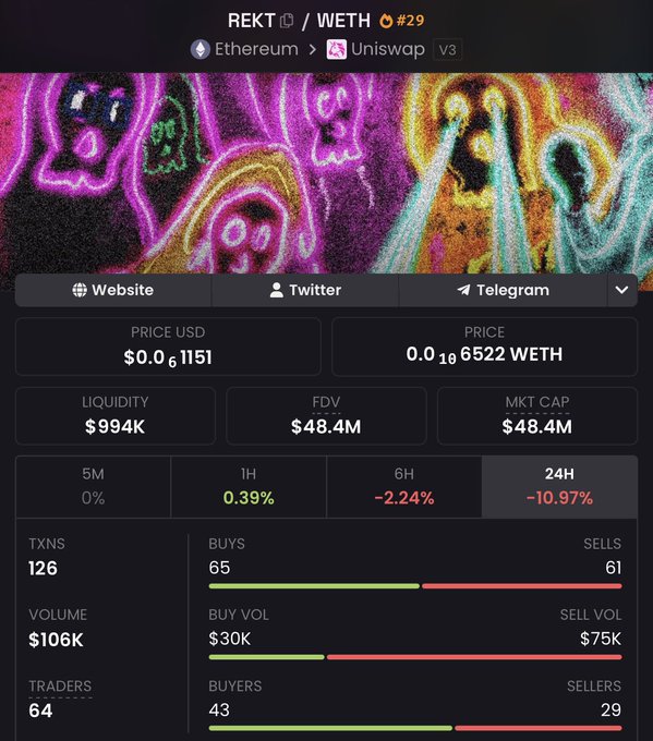 A cryptocurrency price tracking page for REKT/WETH #29 token on Ethereum via Uniswap V3, showing a price of $0.061151, liquidity of $994K, market cap of $48.4M, and a 24H decline of -10.97%.