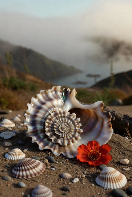An artistic composition featuring a large iridescent seashell resting on sand among smaller shells, with a red flower beside it and a misty coastal landscape in the background.