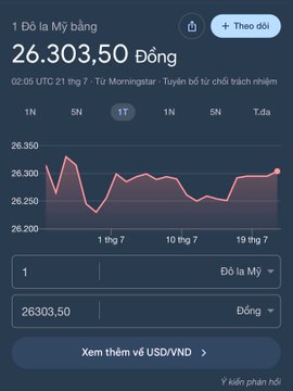 The image shows a currency conversion chart displaying 1 US Dollar (USD) equals 26,303.50 Vietnamese Dong (VND) as of 02:05 UTC on July 21st, sourced from Morningstar. This relates to the post's claim about $USDT trading below bank USD rates, illustrating the favorable USD/VND exchange rate that makes it an attractive buying opportunity.