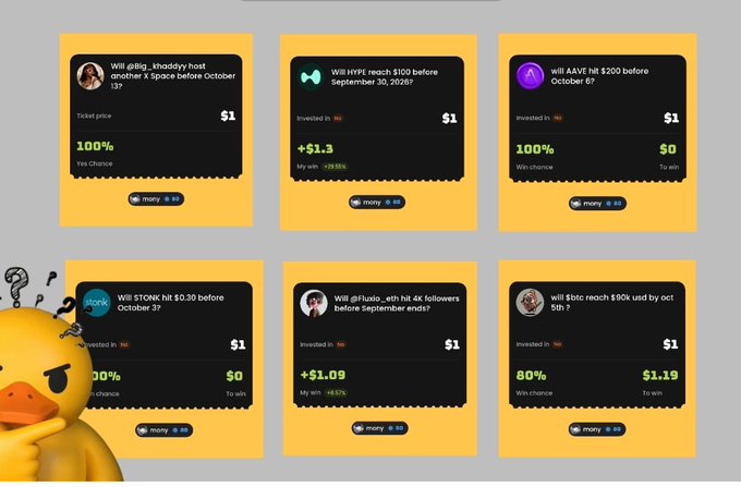 A grid of yellow prediction market cards on 'mony' displays various questions about crypto influencers and prices, such as 'Will @HYPE reach $100 before September 30, 2026?' and 'Will @STONK hit $0.30 before October 3?', with betting percentages and potential payouts.