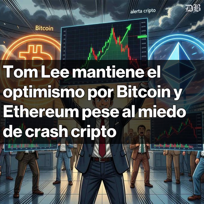 The image features a group of people standing around a computer screen, with an overlay of Bitcoin and Ethereum symbols above them. The text overlaying the scene reads "ALERTA: La comunidad cripto en tensión. Tom Lee se muestra optimista por Bitcoin y Ethereum en medio de advertencias de un posible colapso ccripto". This suggests that there is a discussion or presentation about cryptocurrency and its impact on the market, with the people in the image possibly being participants or observers of this event.
