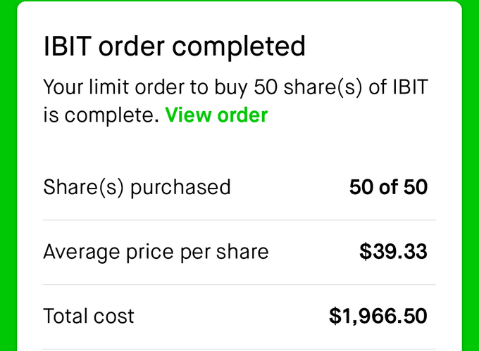 The image shows a screenshot of an online form where a user has recently completed their first order with Bitcoin (BTC) on it. The form displays information about the limit order, including the cost per share, number of shares purchased, and average price per share for the transaction.