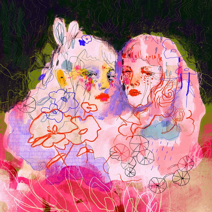 An abstract, mixed-media style digital painting featuring two faces rendered in pink, purple, and yellow tones with scribbled line details and floral motifs against a green background.