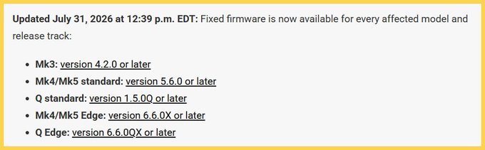 A firmware update notice dated July 31, 2026, listing affected models (Mk3, Mk4/Mk5, Q) and required versions (4.2.0, 5.6.0, 1.5.0Q, etc.).