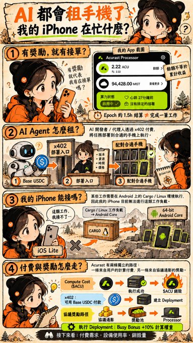 A Chinese-language infographic titled 'AI 都會租手機了，我的 iPhone 在忙什麼？' (AI is renting phones now, what is my iPhone doing?) explaining how AI agents rent phones to perform tasks for rewards.