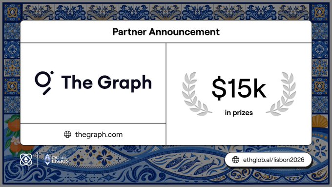 A 'Partner Announcement' card for The Graph (thegraph.com) offering $15k in prizes, set against a Portuguese azulejo tile background, with links to Lisbon and ethglob.al/lisbon2026.