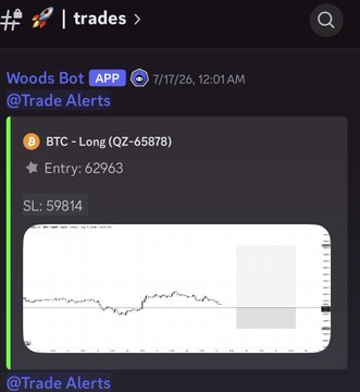 A Discord post by Woods Bot @Trade Alerts announcing a BTC long limit order filled at entry 62963 with stop loss at 59814, accompanied by a price chart showing the BTC/USDT action surrounding the fill.