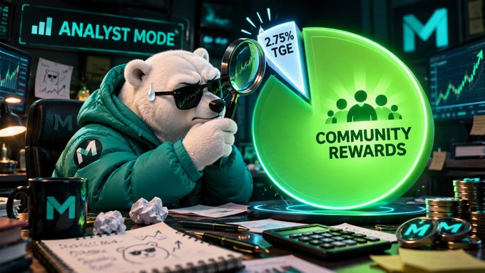 A cartoon bear wearing sunglasses and a green hoodie labeled 'ANALYST MODE' uses a magnifying glass next to a glowing 'COMMUNITY REWARDS' badge showing '2.75% TGE', with cryptocurrency tokens scattered on the desk.