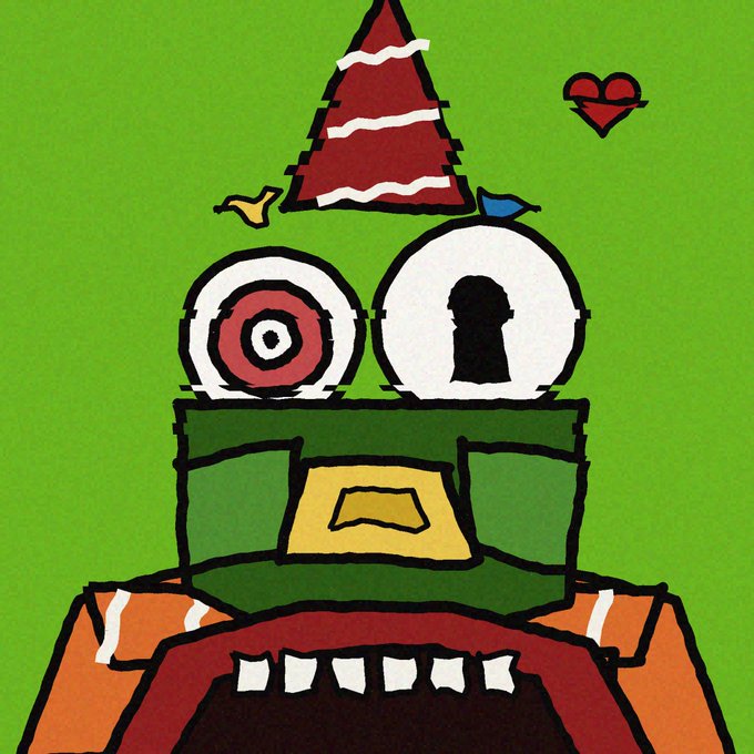 A vibrant green cartoon illustration featuring a quirky mechanical tower topped with a red pyramid and a target, accompanied by small birds and a heart-shaped satellite dish.