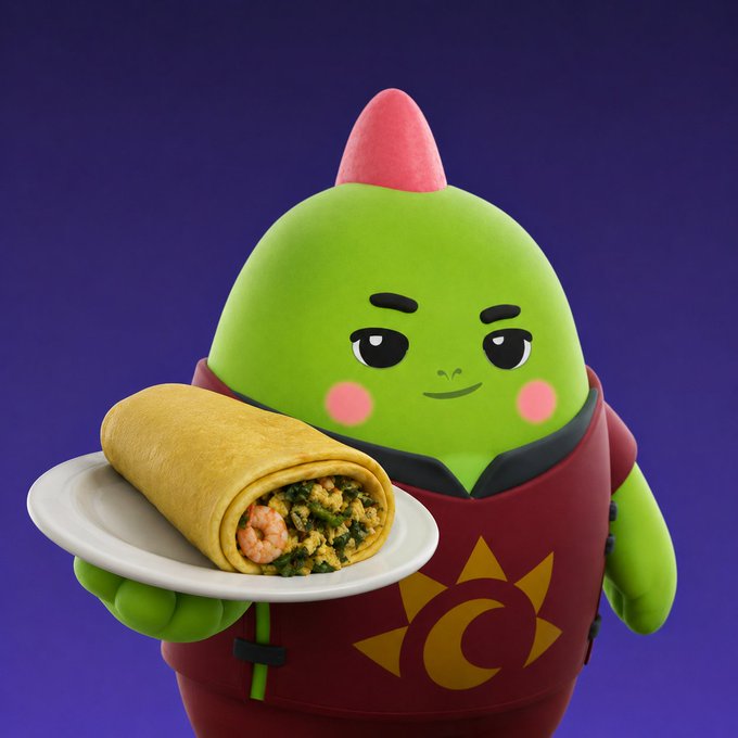 A cute green, cone-headed Sleepagotchi mascot wearing a red vest with a sun logo proudly holds a white plate featuring a shrimp burrito/egg roll. The food presentation ties into the post's "Taco/E-roll Tuesday" theme, while the character represents Sleepagotchi's mission of normalizing rest as a daily ritual rather than a reward.