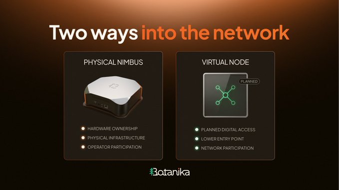 A promotional graphic titled 'Two ways into the network' from Botanika, contrasting a 'PHYSICAL NIMBUS' hardware device with a 'VIRTUAL NODE' digital access option (marked PLANNED).