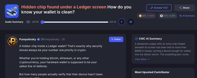 A CMC community discussion thread titled "Hidden chip found under a Ledger screen! How do you know your wallet is clean?" featuring Pumpolinsky's post warning that hardware wallet security should be a top priority in crypto, accompanied by an AI summary explaining that a tampered Ledger with an extra chip has been linked to $8B in losses and the thread shows BTC +0.19% and ETH +1.37%.