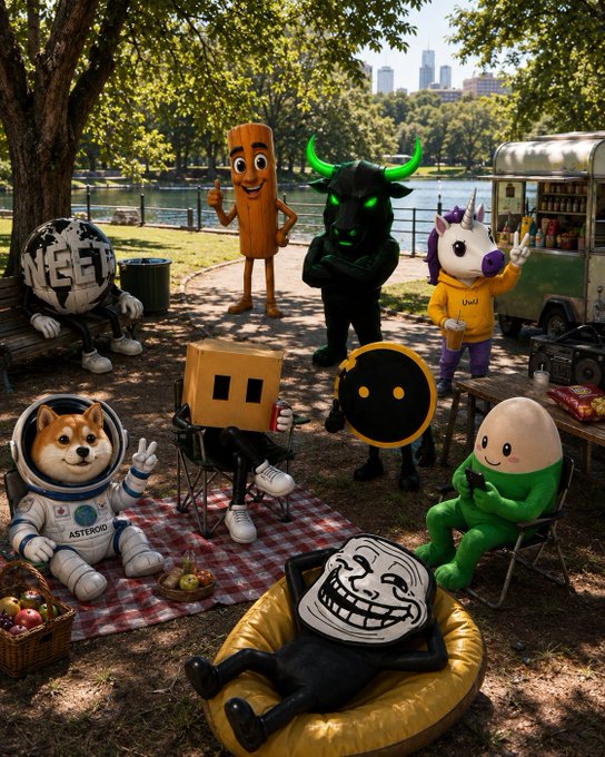 A gathering of crypto meme characters—including a Doge astronaut in an "ASTEROID" spacesuit, a "NEET" globe figure, a trollface, and various Solana mascots—picnic under a tree while a green and white food truck labeled "UNI" stands nearby, with the post asking "Which Solana project will go parabolic next?"—the playful assembly of characters representing speculative Solana tokens personifies the chaotic, community-driven nature of betting on the next moonshot.