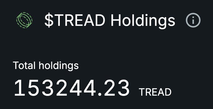 A dark-themed interface displays "$TREAD Holdings" with a total balance of 153244.23 TREAD tokens, illustrating the airdrop value received by maxis on the Tread platform mentioned in the post. The substantial token amount visually supports the post's claim that participants received $TREAD airdrops worth between $100K-$400K, suggesting that the perp DEX meta remains lucrative despite perceptions of it being over.