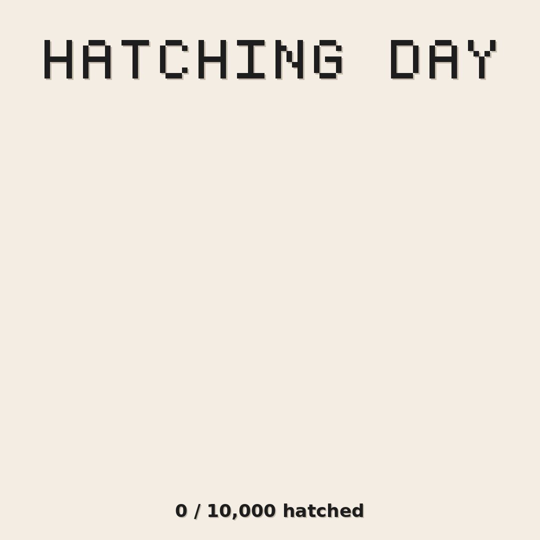 The image shows a white background with black text that reads "Hatching Day". The text is in a blocky style, which gives it a vintage feel. Below this, there's some additional information about the post, stating that it was posted at 0.1MintLive and has been viewed 10,000 times.