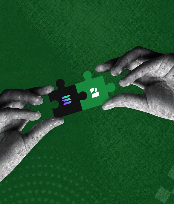 Two grayscale hands bring together two puzzle pieces against a green textured background, one black piece bearing the Solana logo and one green piece marked with a white "B" for Backyard, visually symbolizing how Backyard's yield layer is the final piece connecting to Solana's expanding ecosystem of prediction markets, perps, and trading infrastructure as Season 0 approaches.