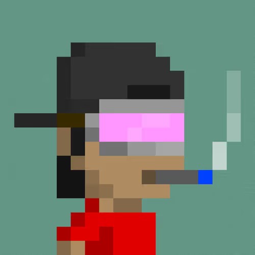 A pixel art illustration of a character with dark hair and a pink visor smoking a cigarette against a teal background.
