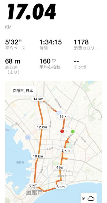 The image shows a map of a city with a route displayed, including distances for each leg of the journey. The map also includes a step-by-step guide for navigating through the city using the provided route. The post appears to be about a runner's progress and provides information on how far they have traveled and what day it is.