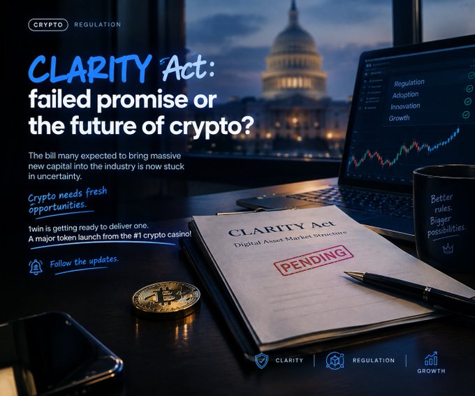 A promotional graphic titled 'CLARITY Act: failed promise or the future of crypto?' shows a document marked 'PENDING' alongside a Bitcoin, laptop displaying crypto charts, and a coffee mug reading 'Better rules. Bigger possibilities.'