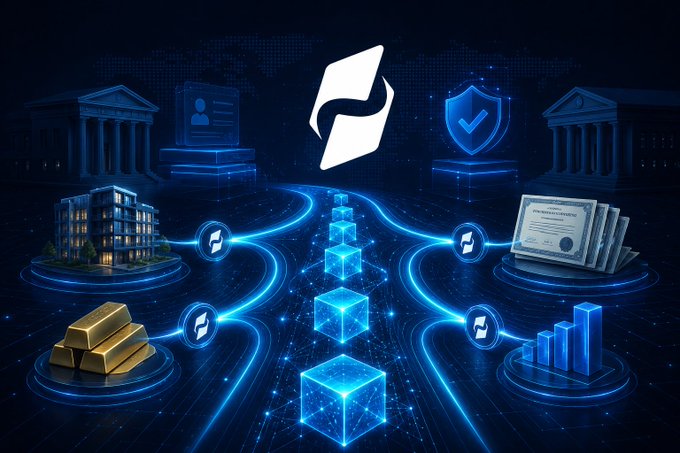 A dark blue digital illustration shows a central glowing SimpleChain logo above a row of interconnected blockchain cubes, flanked by symbols of institutional pillars (banks, courts, certificates, ID cards, and gold bars) connected by glowing pathways. The imagery visually reinforces SimpleChain's vision of an Institutional Operating System for Real World Assets, depicting how the blockchain links real-world institutions, assets, and compliance frameworks into one verifiable network.