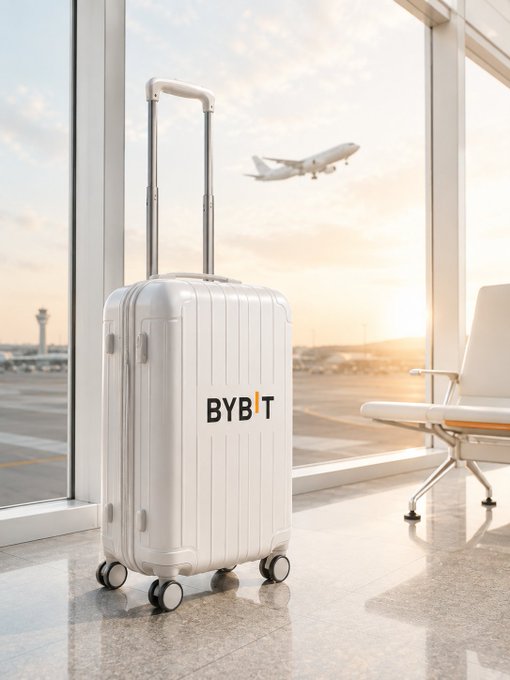 A white Bybit (BYBIT) branded suitcase with an extended handle sits in an airport terminal next to a white chair, with an airplane taking off visible through the window at sunset.