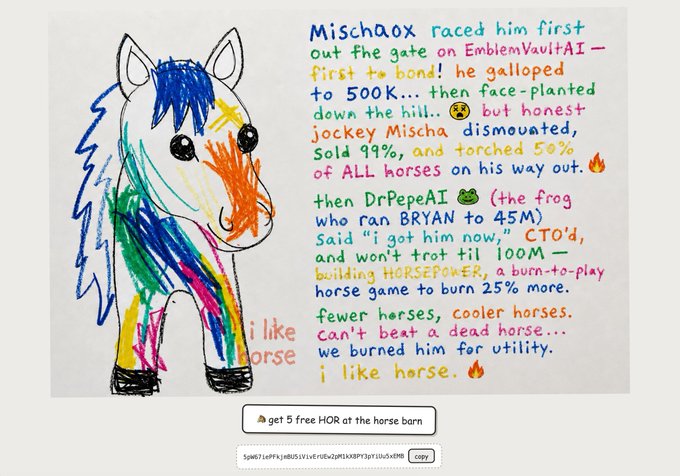 A colorful child's crayon drawing of a multicolored horse alongside handwritten text describing a blockchain narrative about 'Mischaox' racing and 'DrPepeAI' building 'HORSEPOWER,' ending with 'i like horse.'