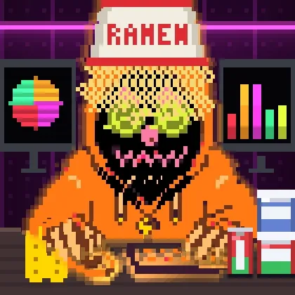 A pixel art illustration of a character with a masked face wearing an orange hoodie and a white 'RAMEN' hat, sitting at a desk with fast food items and flanked by a pie chart and bar graph.