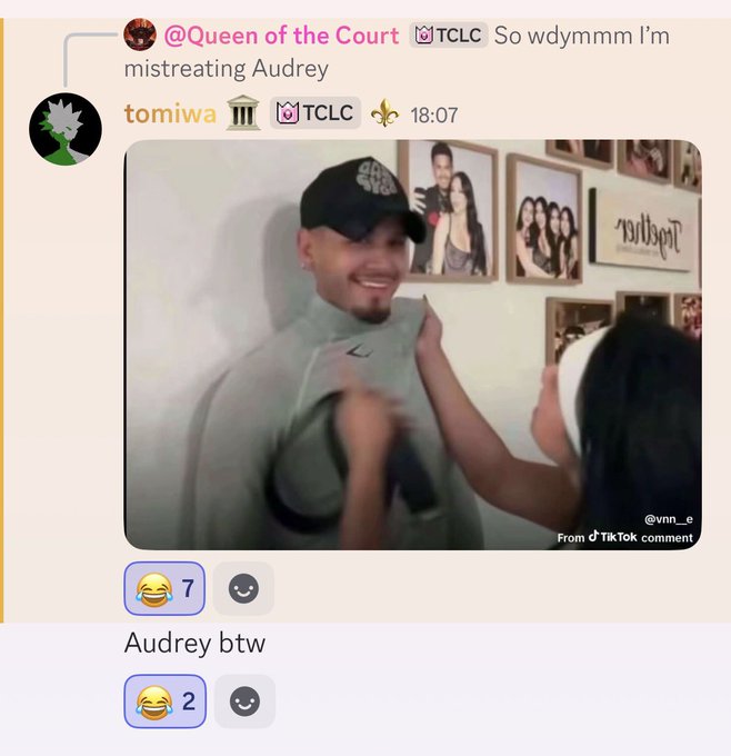 A Discord chat screenshot shows a video clip from TikTok (@vm_e) featuring a man in a grey Nike sweatshirt and black cap laughing, with users 'tomiwa' and '@Queen of the Court' commenting about mistreating someone named Audrey.