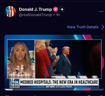 A Truth Social post from Donald J. Trump (@realDonaldTrump) featuring a Fox News segment titled 'MEDBED HOSPITALS: THE NEW ERA IN HEALTHCARE.'