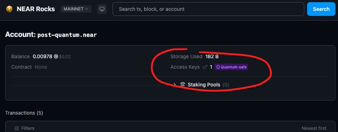 NEAR Rocks account page for "post-quantum.near" showing 182 B storage used and 1 quantum-safe access key, demonstrating the new feature that displays whether an account uses post-quantum resistant keys.