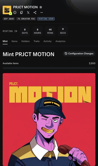 A webpage screenshot for an NFT collection titled 'PRJCT MOTION' set to begin minting in 0 days, 8 hours, 46 minutes, featuring stylized artwork of a character with gold teeth.
